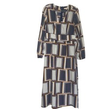 Skies Are Blue Navy Mustard Geometric Tile Print V-Neck Midi Dress Medium career