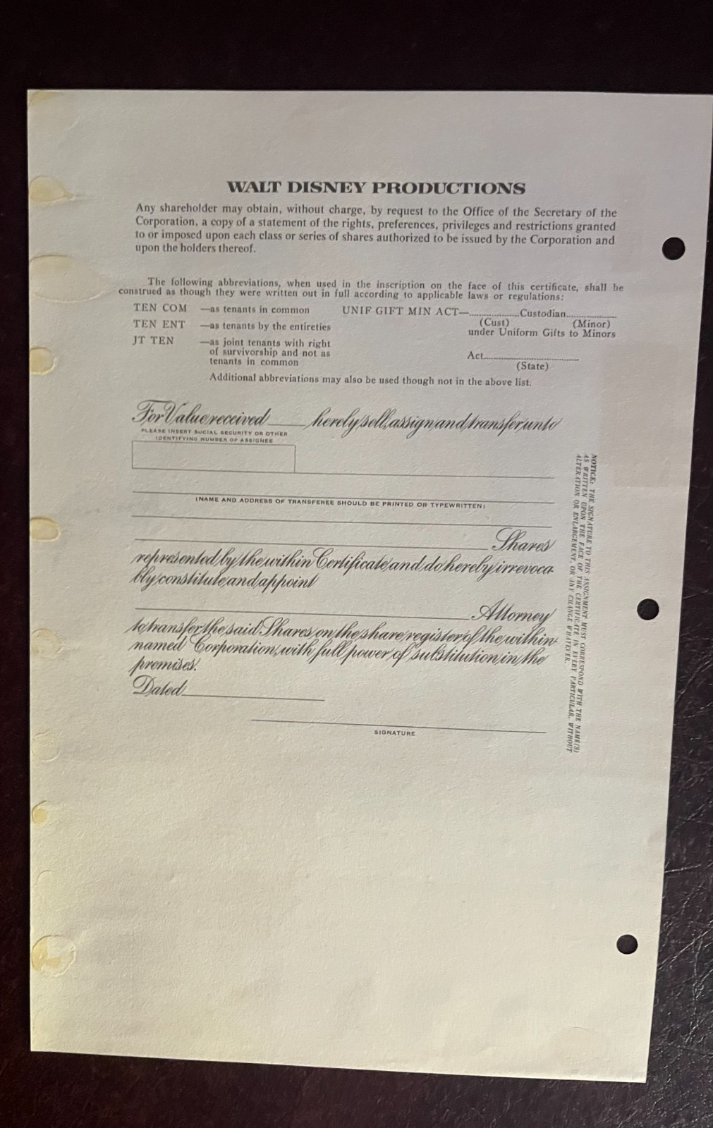 1986 WALT DISNEY PRODUCTIONS Stock Certificate - Unissued - VOID