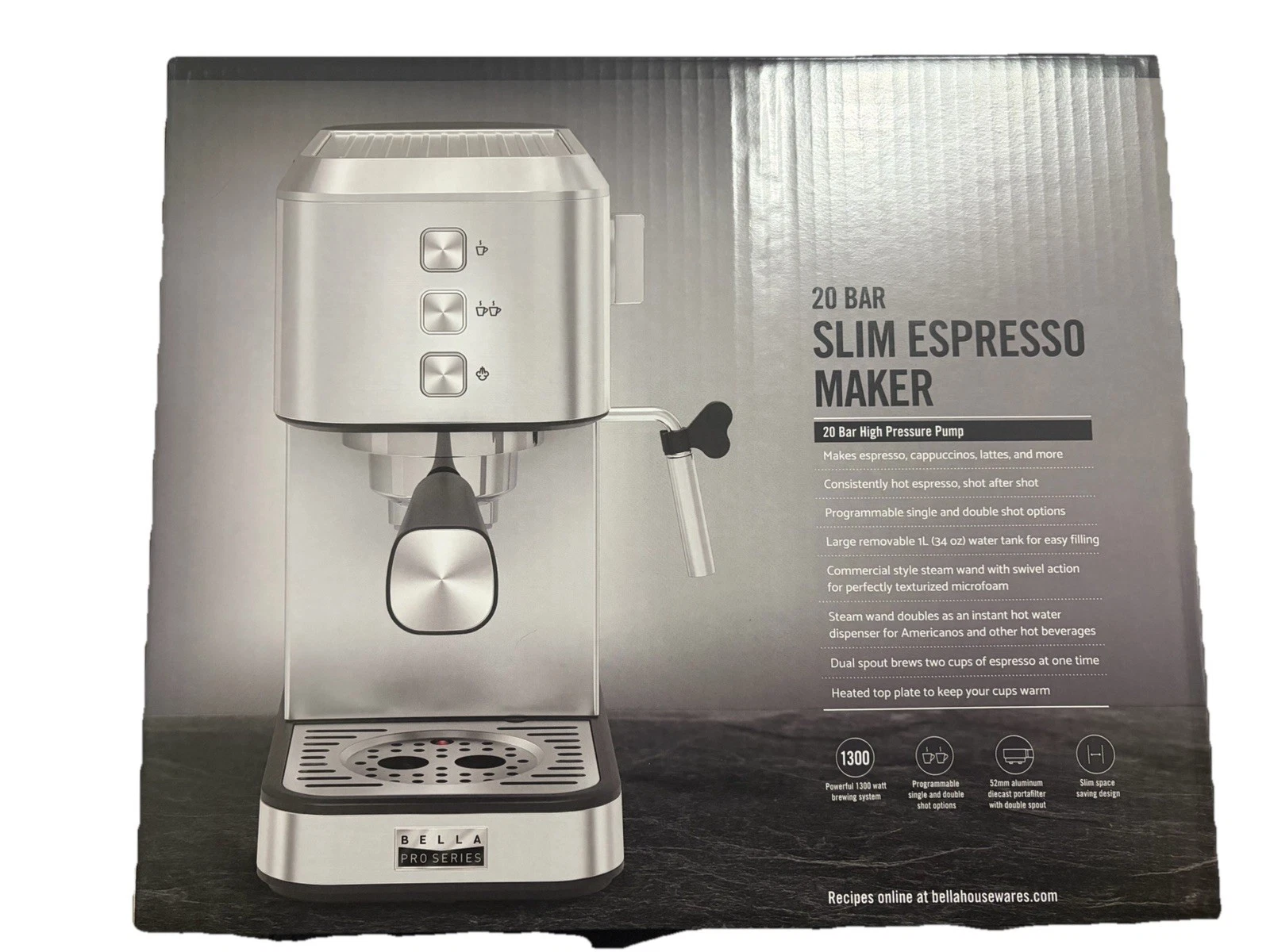 bella PRO - Slim Espresso Machine with 20 Bars of Pressure - Stainless Steel