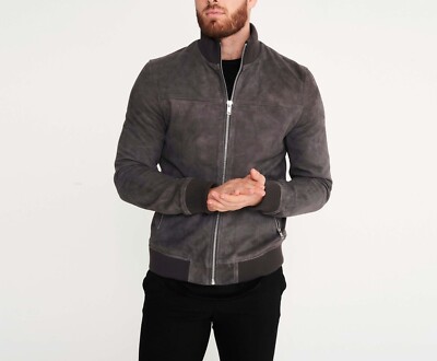 Dark Gray Bomber Suede Leather Jacket Men Size XS S M L XL XXL Custom Made 