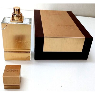 Vintage Perfume Bottle Glass Empty AL HARAMAIN Amber Oud Since 1970 Box Gold Old