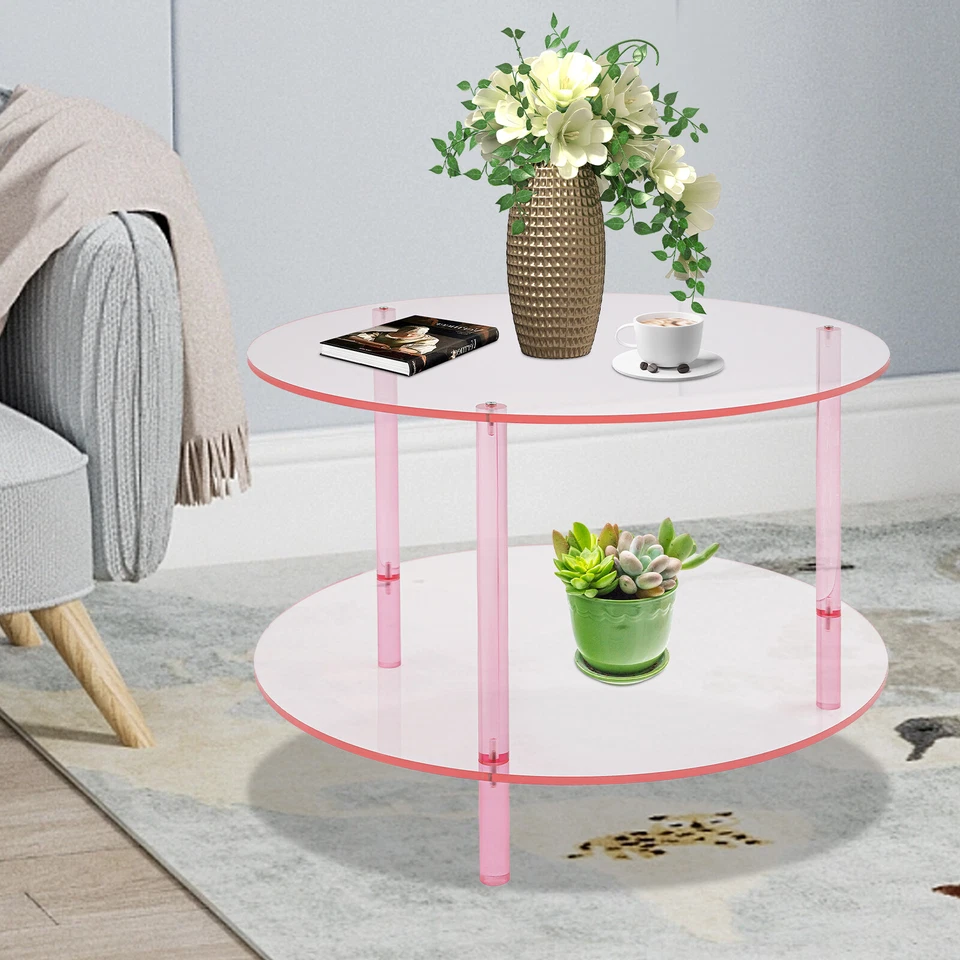 Mesa de centro moderna redonda de acrílico rosa, mesa de centro moderna, mesa de centro de 2 niveles Foto 3 de 4