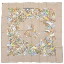 Foulard Hermes L'intrus 90 Cm Chiffon Seta Mousseline Uccello Beige Muslin 35"