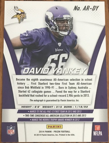 2014 Panini Prizm Rookie Autographs David Yankey AR-DY Minnesota Vikings - Picture 2 of 2