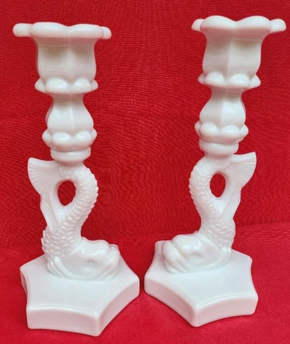 Vintage Westmoreland Pair  9" TaLL DOLPHIN CANDLESTICKS Fish Milk Glass  Lot 1