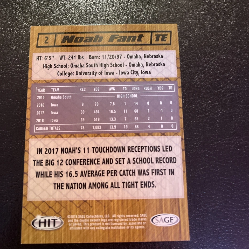 2019 SAGE Hit Premier Draft #2 Noah Fant Denver Broncos RC Rookie - Image 2 of 2