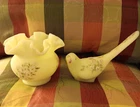 Set Fenton Bird Ruffled Rose Bowl Custard Hand Painted Floral Design Signed VTG