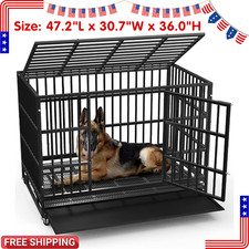 48in Heavy Duty Dog Crate Escape Proof XL Double Door Cage Wheels Removable Tray