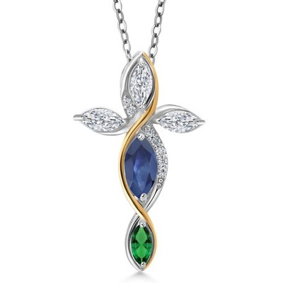 Cross Necklace For Women In 925 Silver and 10K Yellow Gold with Sapphire and