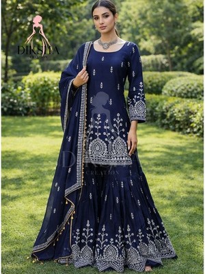 Navy Blue Embroidered Sharara Suit Women Indian Pakistani Wedding Wear