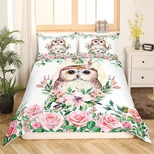 Girls Cute Cartoon Animal Owl Print Duvet Cover Size - 3 Pcs Bedding Queen Pink