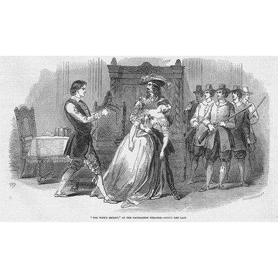 THEATERSZENE aus dem Geheimnis der Frau im Haymarket Theatre - antiker Druck 1848
