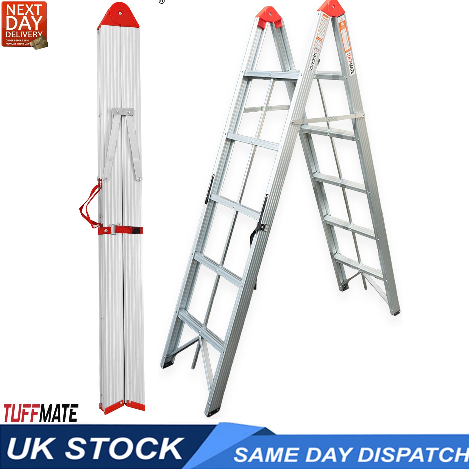 Folding Step Ladder Folds In Half 1.8m 5 Treads Aluminium TUFFMATE