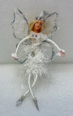 Fairy Ornament White Winter Fantasy Faerie Pixie Elf Silver Glitter Wings