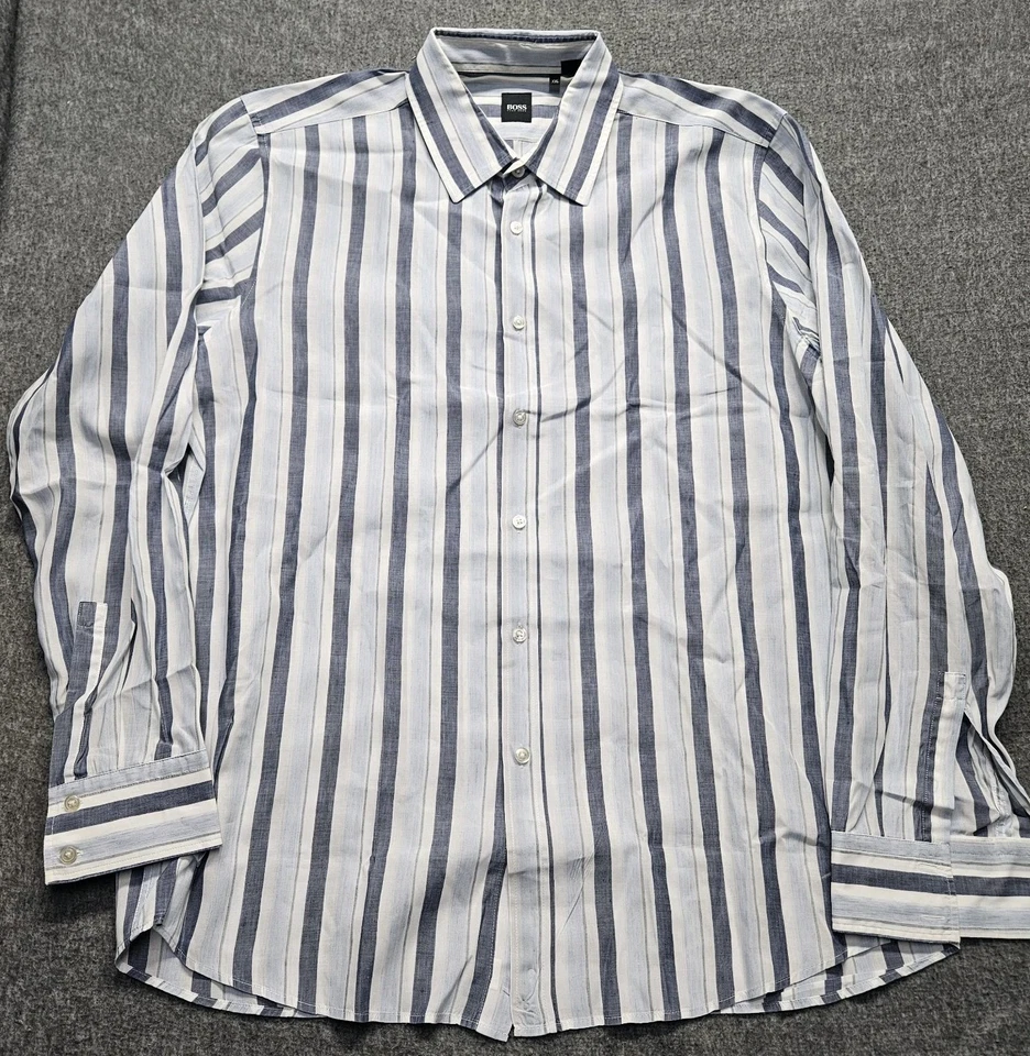 Hugo Boss Shirt Mens XXL White Blue Striped Linen Blend Long Sleeve Button Up - Image 2 of 4