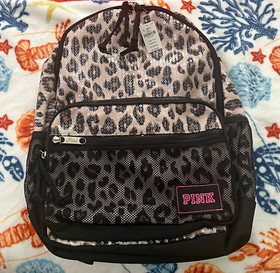 New Victoria&rsquo;s Secret PINK Leopard  Sequin hot pink Backpack zip pockets 