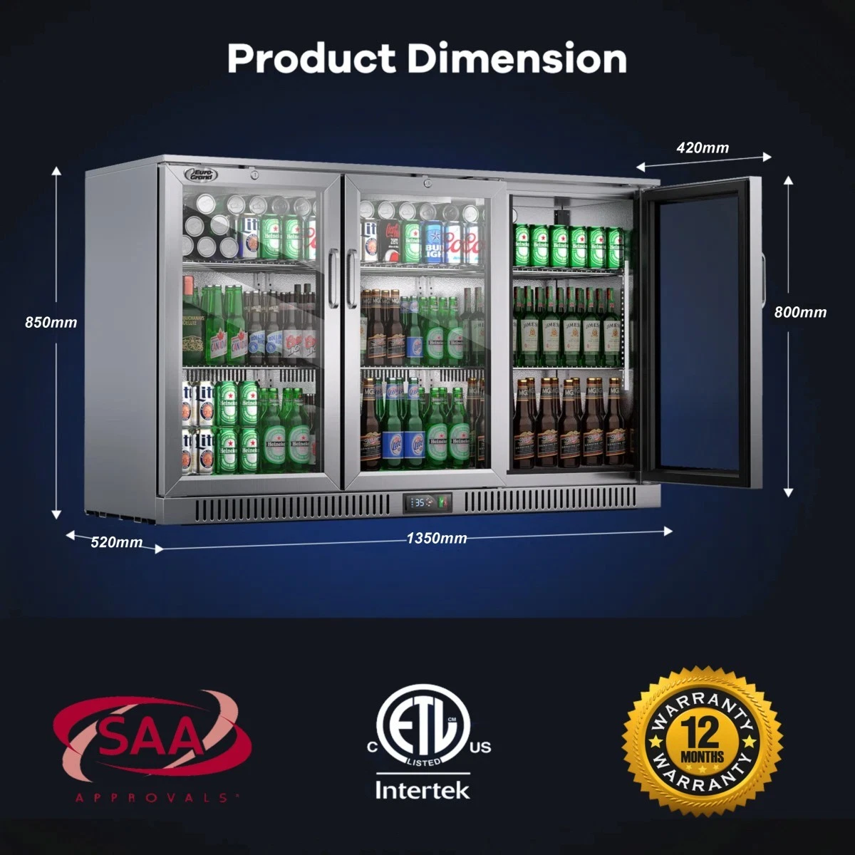 Commercial 3 Door 304 Stainless Under Bench Beer Back Bar Fridge Refrigerator - Picture 14 of 19