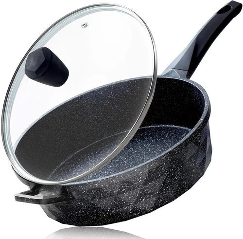 Nonstick Deep Frying Pan Skillet Lid 12" Large 5 Quarts Saute Granite Stone Non