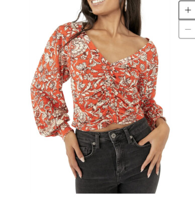 Free People Say The Word Ruched Long Sleeve Tee Ruby Red Combo Size S NWT