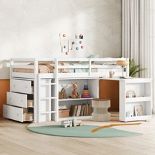 Twin Loft Bed ,Twin Loft Bed with Drawer Cabinet and Pulling -Out Desk