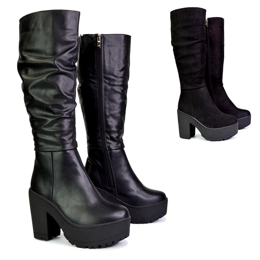 Womens Platform Knee High Boots Ladies Chunky Block Heel Zip Goth Biker Size 3 8