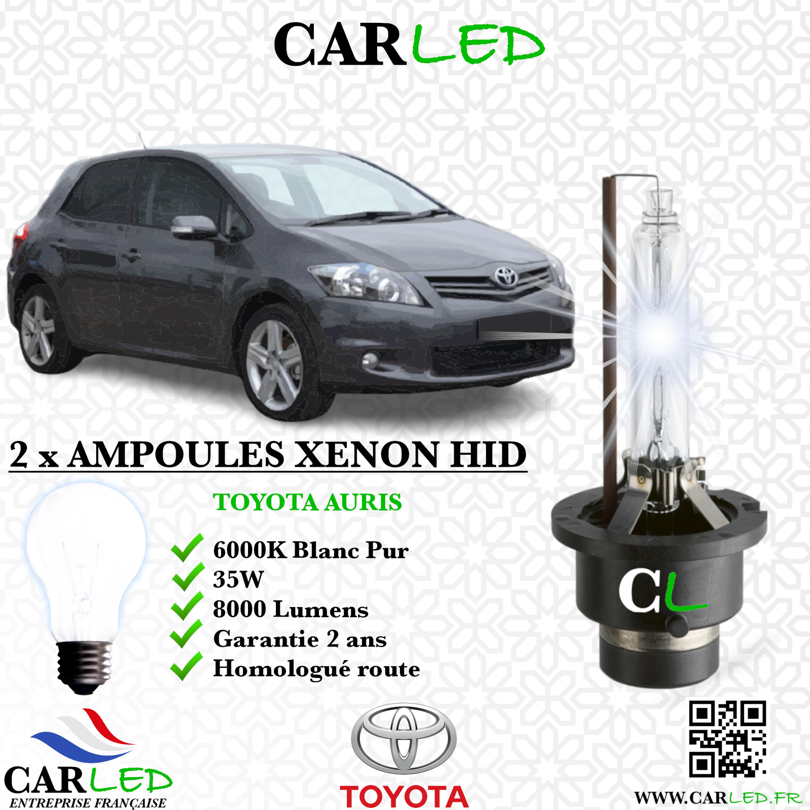 Ampoule HID Xénon 35W 8000lm CARLED vision nocturne ultra claire 6000K TOYOTA AURIS