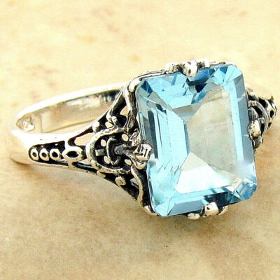ECHTER 4 KARAT HIMMELBLAUER TOPAS 925 STERLINGSILBER RING VIKTORIANISCHER STIL 1006X
