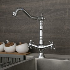 Chrome Bathroom Sink Faucet Dual Handles Deck Mount Brass Swivel Mixer Basin Tap
