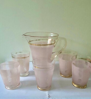 Vintage Mid Century Glas matt rosa Kanne Trinkgläser Tumbler Set Limonade