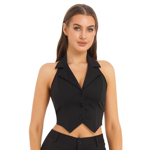 FEESHOW Women's Halter Vest Neck Crop Top Lapel Slim Fit Button Down AU - Picture 14 of 45