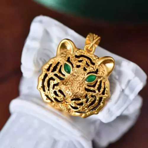 18K Solid Gold Agate Inlay Pendant Tiger Head Zodiac Charm Jewelry - Picture 5 of 9
