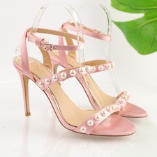 Badgley Mischka Womens Sandal Size 7 Pink Satin Pearl Beaded Heesl Ankle Strap