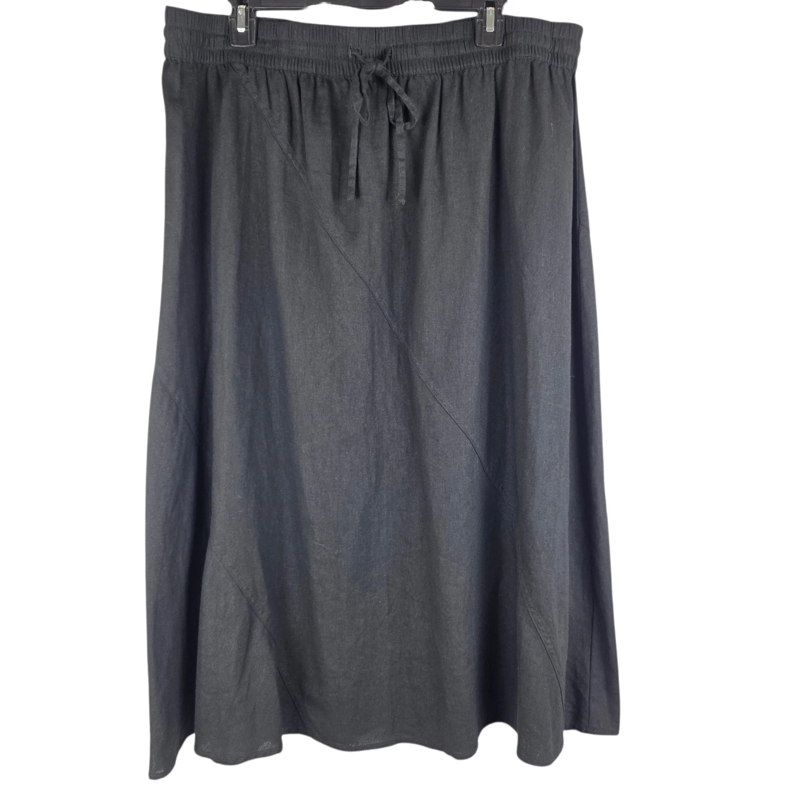 DKNY Black Linen Blend Midi Skirt XL Elastic Waist Drawstring A Line Minimalist