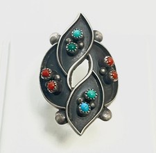 Vintage HBC Zuni Turquoise  Red Coral Snake Eye Saddle Ring, Size 7.25