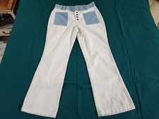 Vintage 60s / 70s Hip Hugger White Corduroy Flares / Bell Bottoms Blue Pockets