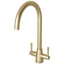 Liquida LU409BR Brushed Brass Swan Neck Twin Lever Kitchen Mixer Tap