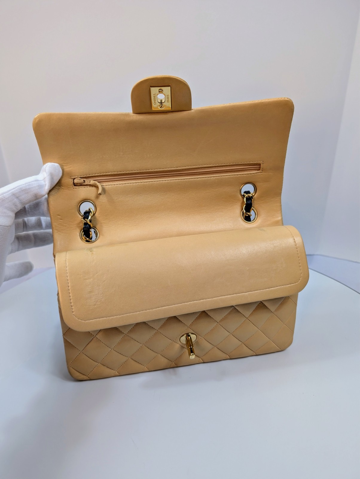 Chanel Vintage Pale Yellow/Cream Lambskin Classic Double Flap Bag (24k Plated) image 9