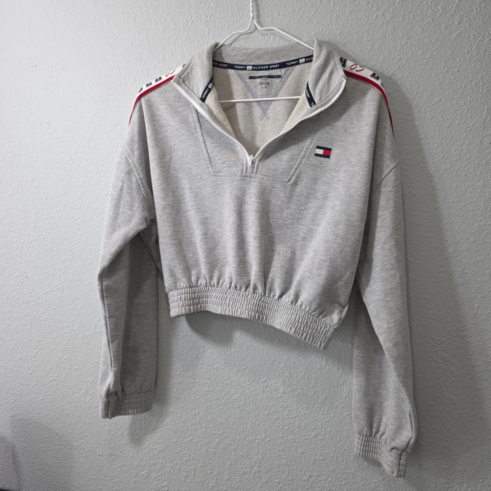Tommy Hilfiger Sport укороченный толстовка женщин S серый красный логотип отделки спортивный молнии - Изображение 2 из 4