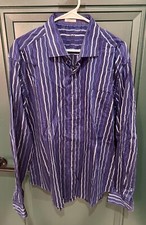 Bugatchi Uomo Mens Blue Geometric Striped Shaped Fit Dress Button Up Size XXL