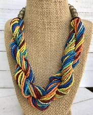 Vtg BOHO NECKLACE Multi Color Rainbow Gold Twisted Seed Bead Strands Intertwined