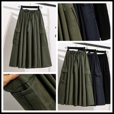 Women Pocket Cargo Skirt Pleated Frill Drawstring Big Swing Japanese Loose