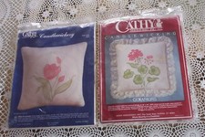 2 CATHY CANDLEWICKING PILLOW KITS-GERANIUMS  RED TULIP EMBROIDERY CROSS STITCHT