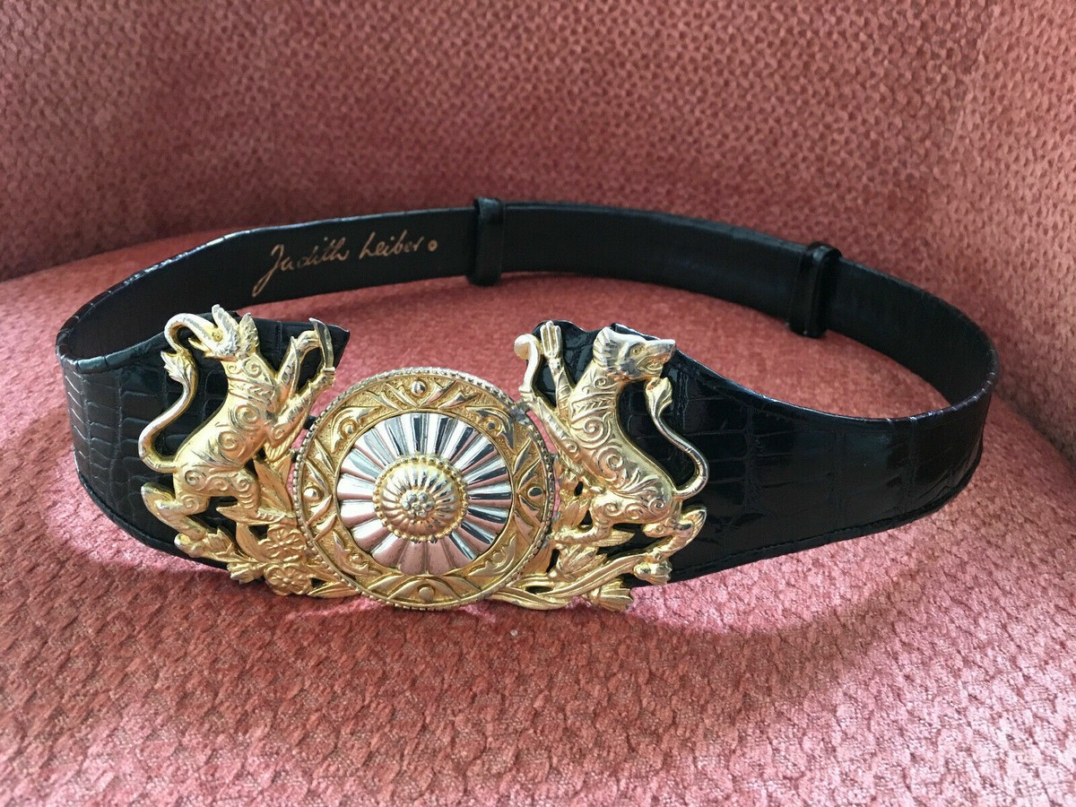 Judith Leiber Vintage Black Leather Belt With Gold Accents Vintage Judith Leiber Brown Leather Gold V Shaped Buckle  main image 2