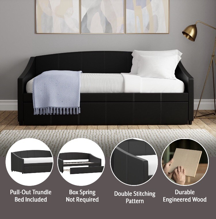 Modern Faux Leather Upholstered Twin Size Sofa Daybed With Pull Out Trundle Bed