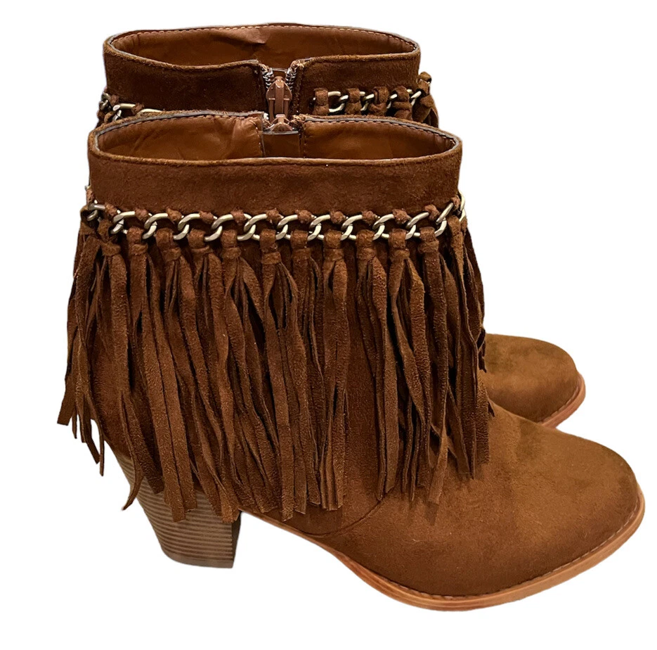 Pierre Dumas 10 M Women’s Denny-3 Fringe Faux Suede Booties Brown Fringe - Image 2 of 4