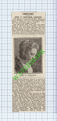 Mrs Margaret Jane Wallace Cardiff Thomas Vachell Obituary - 1916 News Cutting