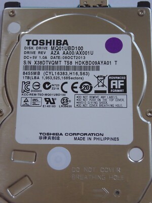 Toshiba MQ01UBD100 AZA AA00 / AX001U FEB 2013 - FEB 2017 Philippines 1TB