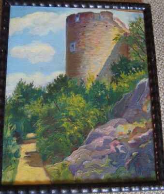 ::OIL PAINTING SIGN.AMER AKIDES HIKING TRAIL WITH KEEP IN FOREST LANDSCAPE