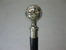 Silver Brass Globe Head Design Handle Antique Style Wooden Walking Stick Cane
