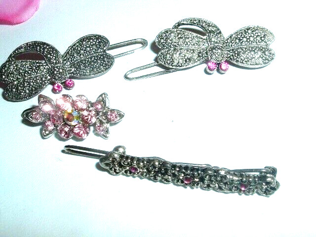 4 Vintage Dragonfly  and Flower Marcasite Rhinestone Hair Post Clip Barrettes